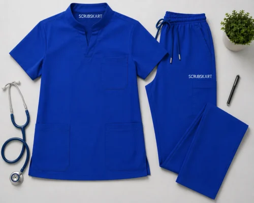 Women Scrub Set -New Royal Blue-Chinese Collar